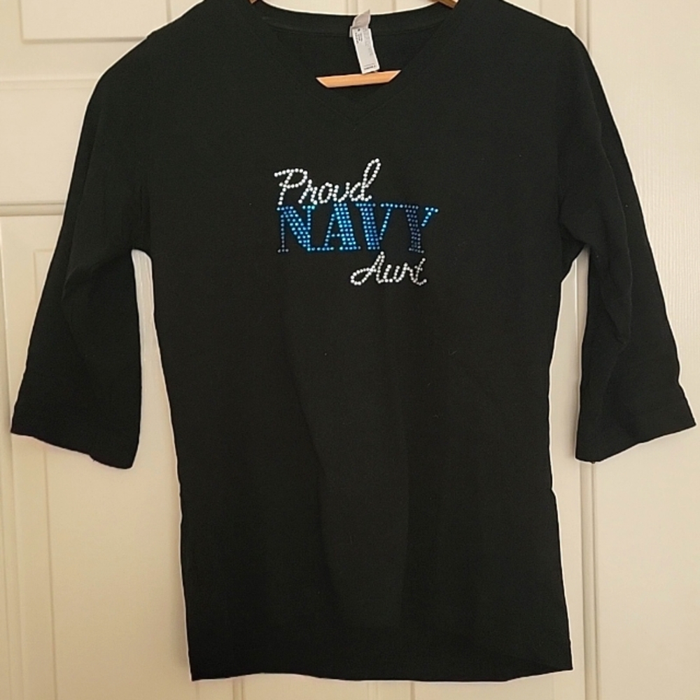 NWOT "Proud Navy Aunt" Black Women's Shirt with Bling Detail